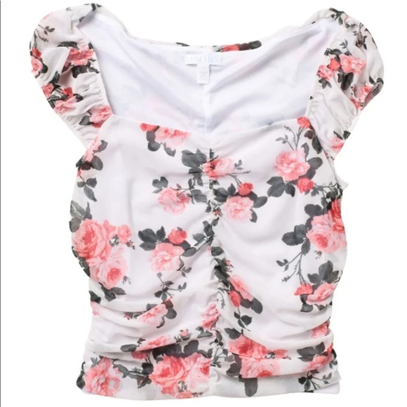 Abound Tops - Abound Square Neck Ruched Floral Cap Sleeve Top, L